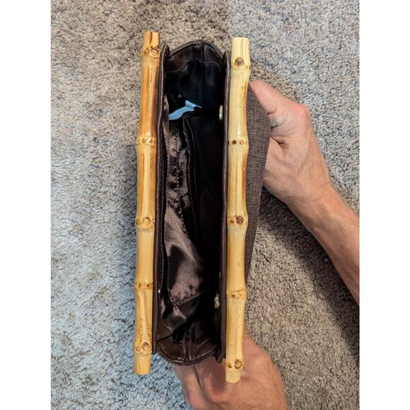 Vintg Boho Beaded Brown Fabric Clutch Bamboo Cane Handles Floral Earthy Hippie - Picture 2 of 6